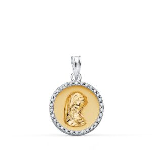 18K COLGANTE REDONDO ORO BICOLOR VIRGEN NIÑA CON CERCO Y CIRCONITAS 16 MM