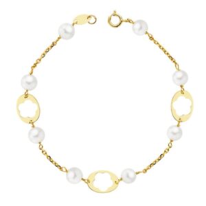 PULSERA 9 KTES PERLAS Y MOTIVOS. 17 CM.