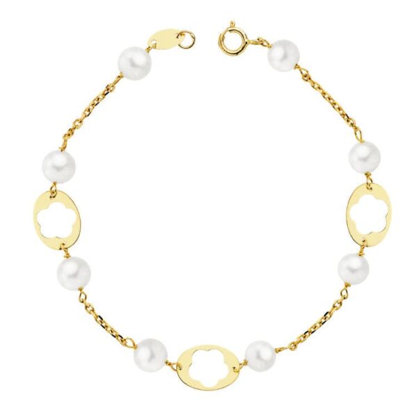 PULSERA 9 KTES PERLAS Y MOTIVOS. 17 CM.