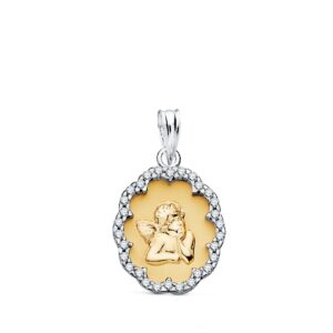 18K COLGANTE ORO BICOLOR ANGELITO BURLON CON CERCO Y CIRCONITAS 17X14 MM