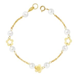 18K PULSERA PERLA Y FLORES 17 CM