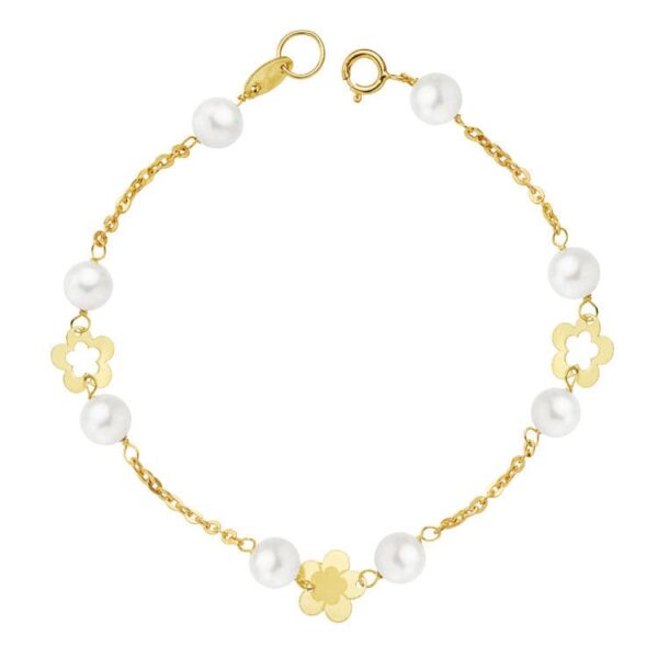 18K PULSERA PERLA Y FLORES 17 CM