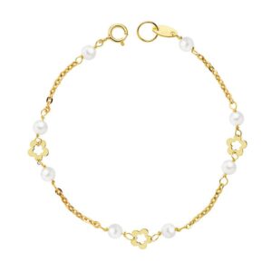 18K PULSERA PERLA 3.5 MM Y FLORES 15 CM