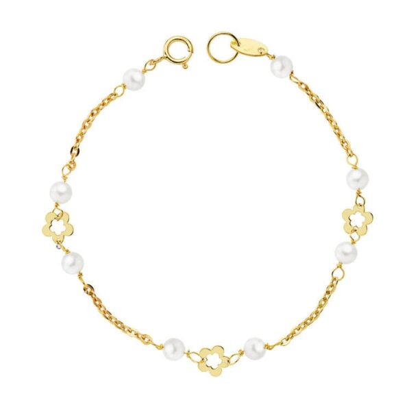 18K PULSERA PERLA 3.5 MM Y FLORES 15 CM