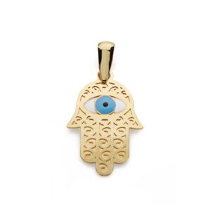 18K COLGANTE MANO FATIMA Y OJO TURCO 19X13 MM