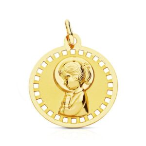 18K MEDALLA VIRGEN NIÑA REDONDA CALADA 18 MM