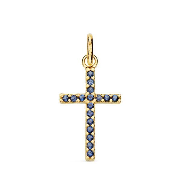 18K CRUZ ORO AMARILLO PIEDRAS AZULES 16X10 MM