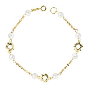 18K PULSERA FLOR Y PERLA 5 MM 18 CM