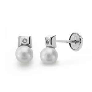 18K PENDIENTES ORO BLANCO PERLA Y DIAMANTES TALLA BRILLANTE 0.02  QTS.