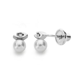 18K PENDIENTES ORO BLANCO PERLA 3 MMDIAMANTES TALLA BRILLANTE 0.012 KTS