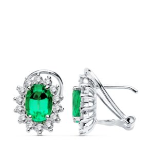 18K PENDIENTES ORO BLANCO ESMERALDA 1.50 QTS. DIAMANTES SI-H. 0.580 QTS.