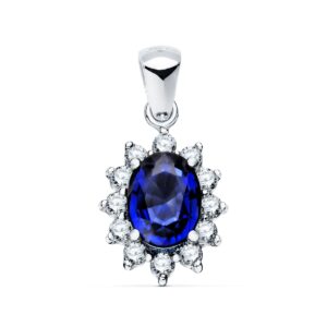 18K COLGANTE ORO BLANCO ZAFIRO 0.98 QT. 12 DIAMANTES 0.35 QTS. SI-H. 13X11 MM