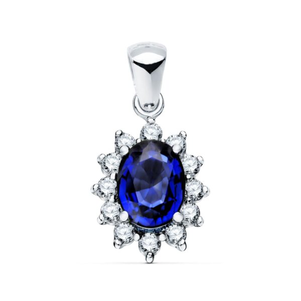 18K COLGANTE ORO BLANCO ZAFIRO 0.98 QT. 12 DIAMANTES 0.35 QTS. SI-H. 13X11 MM
