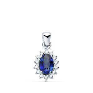 18K COLGANTE O.BLANCO ZAFIRO 0.62 QT. 14 DIAMANTES 0.14 QTS. SI-H. 10X8 MM