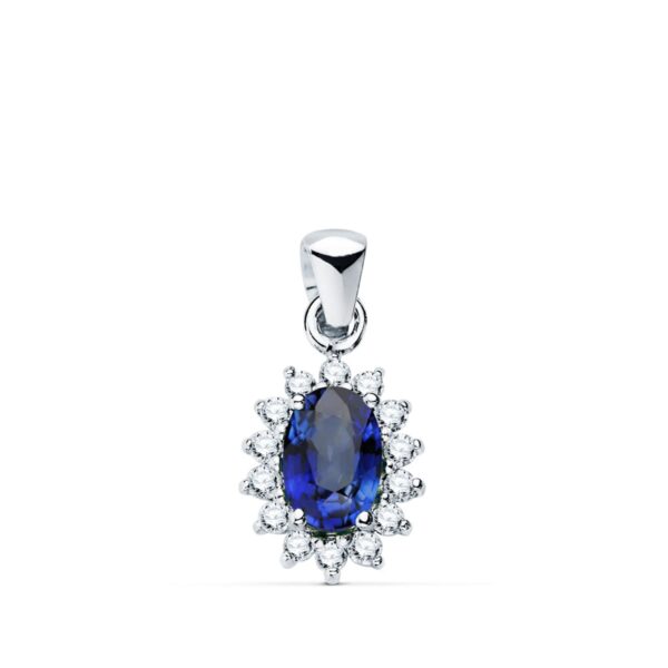 18K COLGANTE O.BLANCO ZAFIRO 0.62 QT. 14 DIAMANTES 0.14 QTS. SI-H. 10X8 MM