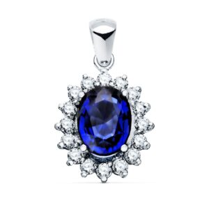 18K COLGANTE ORO BLANCO ZAFIRO 2.47 QT. 16 DIAMANTES 0.52 QTS. SI-H. 14X12 MM