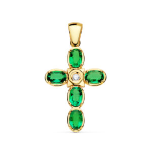 18K CRUZ ORO AMARILLO DIAMANTE  1.95 QTS. ESMERALDAS 0.49 QTS  MEDIDAS 28X19 MM