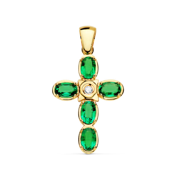 18K CRUZ ORO AMARILLO BRILLANTE 0.065 QTS. 30X21 MM ESMERALDAS 3.75 QTS