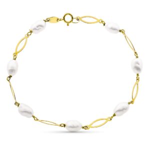 18K PULSERA ENTREPIEZA Y PERLA 16.5 CM PERLA 4 MM
