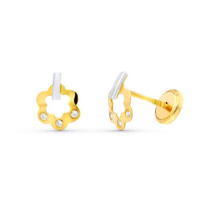 18K PENDIENTES ORO BICOLOR FLOR. 8 X 6 MM.