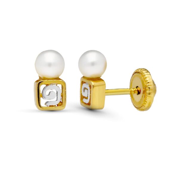 18K PENDIENTES ORO BICOLOR MOTIVO Y PERLA 7X3 MM