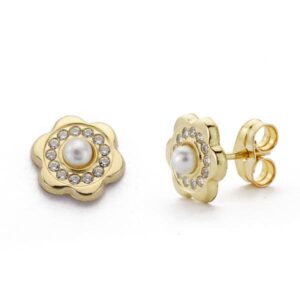 18K PENDIENTES ORO AMARILLO FLOR CIRCONITAS Y PERLA 3 MM
