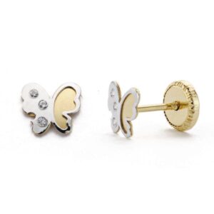 18K PENDIENTES ORO BICOLOR MARIPOSA CIRCONITAS 5 MM