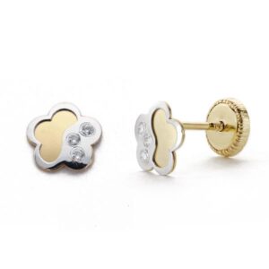 18K PENDIENTES ORO BICOLOR FLOR CIRCONITAS 6 MM