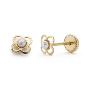18K PENDIENTES ORO AMARILLO TREBOL 5 MM PERLA 2 MMTUERCA
