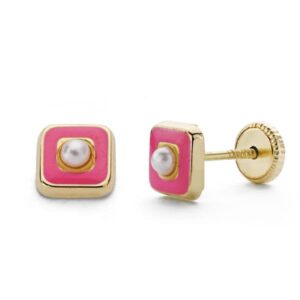 18K PENDIENTES ORO AMARILLO PERLAS ESMALTE ROSA 5 MM