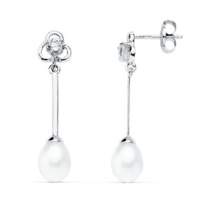 9K PENDIENTES LARGOS ORO BLANCO PERLA