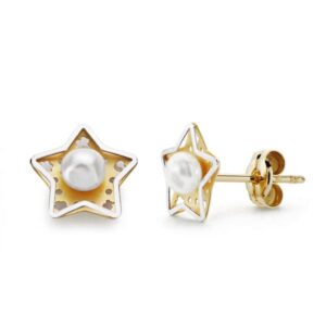 18K PENDIENTES ORO AMARILLO ESTRELLA Y PERLA 8X8 MM