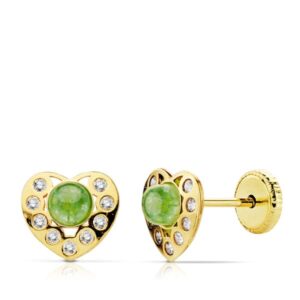 18K PENDIENTES ORO AMARILLO CORAZON PIEDRA VERDE Y CIRCONITAS TUERCA