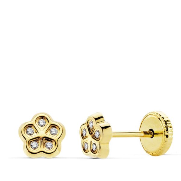 18K PENDIENTES ORO AMARILLO FLOR CIRCONITAS 5.5 MMTUERCA