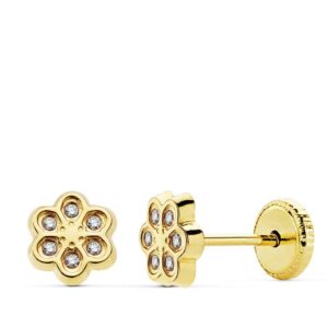18K PENDIENTES ORO AMARILLO FLOR CIRCONITAS 6.5 MMTUERCA