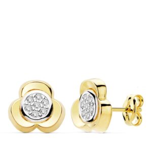 18K PENDIENTES ORO BICOLOR TREBOL CIRCONITAS 10M