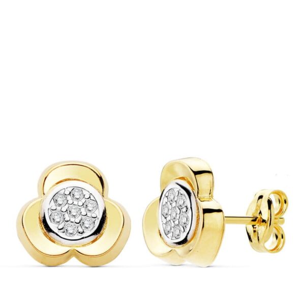 18K PENDIENTES ORO BICOLOR TREBOL CIRCONITAS 10M