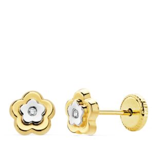 18K PENDIENTES FLOR ORO BICOLOR 6X6 MM