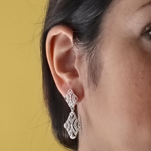 18K PENDIENTES ORO BLANCO DOBLE CUERPO JUEGO NOVIA CIRCONITAS 40X15 MM PRESION - Imagen 2