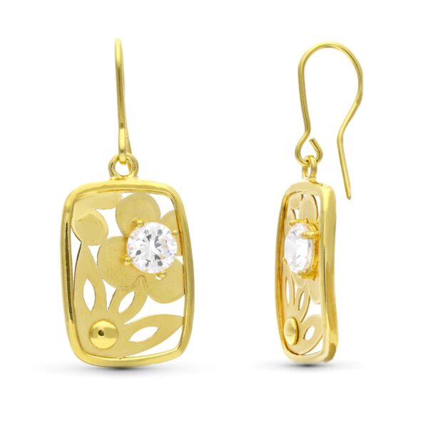 18K PENDIENTES ORO AMARILLO FLOR LASER CON CIRCONITA 22X14 MM
