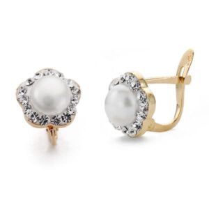 9K PENDIENTES ORO BICOLOR FLOR PERLA 9X9 MM