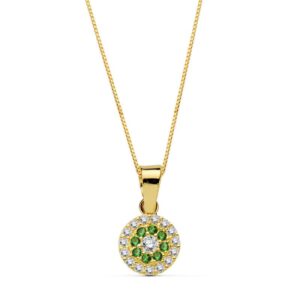 18K GARGANTILA COLLAR ORO AMARILLO REDONDO PIEDRA VERDE 7 MM CADENA 45 CM