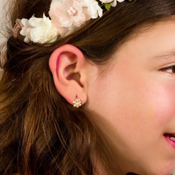 18K PENDIENTES ORO AMARILLO FLOR CON CIRCONITAS Y PERLA 8X8 MM CATALAN - Imagen 2