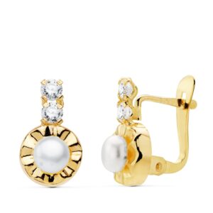 18K PENDIENTES CIRCONITAS 12X7 MM PERLAS 4 MM