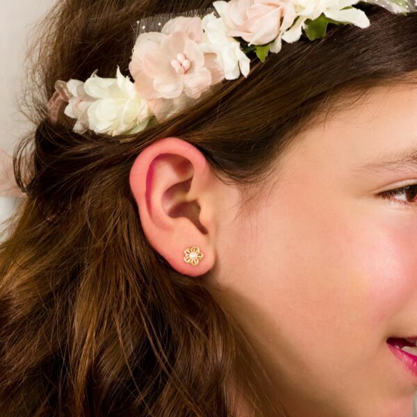18K PENDIENTES FLOR 8X7 MM PERLAS 3MM - Imagen 2