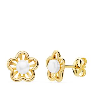 18K PENDIENTES FLOR 8X7 MM PERLAS 3MM