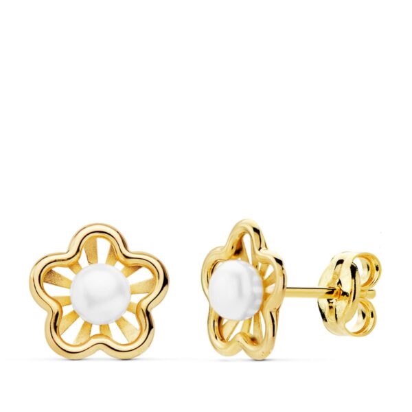 18K PENDIENTES FLOR 8X7 MM PERLAS 3MM