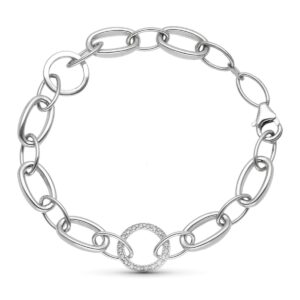 18K PULSERA ORO BLANCO ESLABON OVAL Y CIRCULAR CON CIRCONITAS 18.5 CM