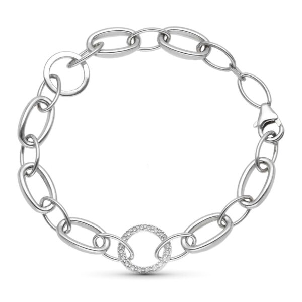 18K PULSERA ORO BLANCO ESLABON OVAL Y CIRCULAR CON CIRCONITAS 18.5 CM