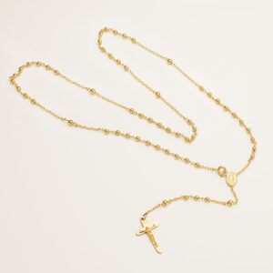 18K ROSARIO ORO AMARILLO CON BOLAS 2 MM Y CRUZ 23X14MM CADENA FORZADA 50 CM